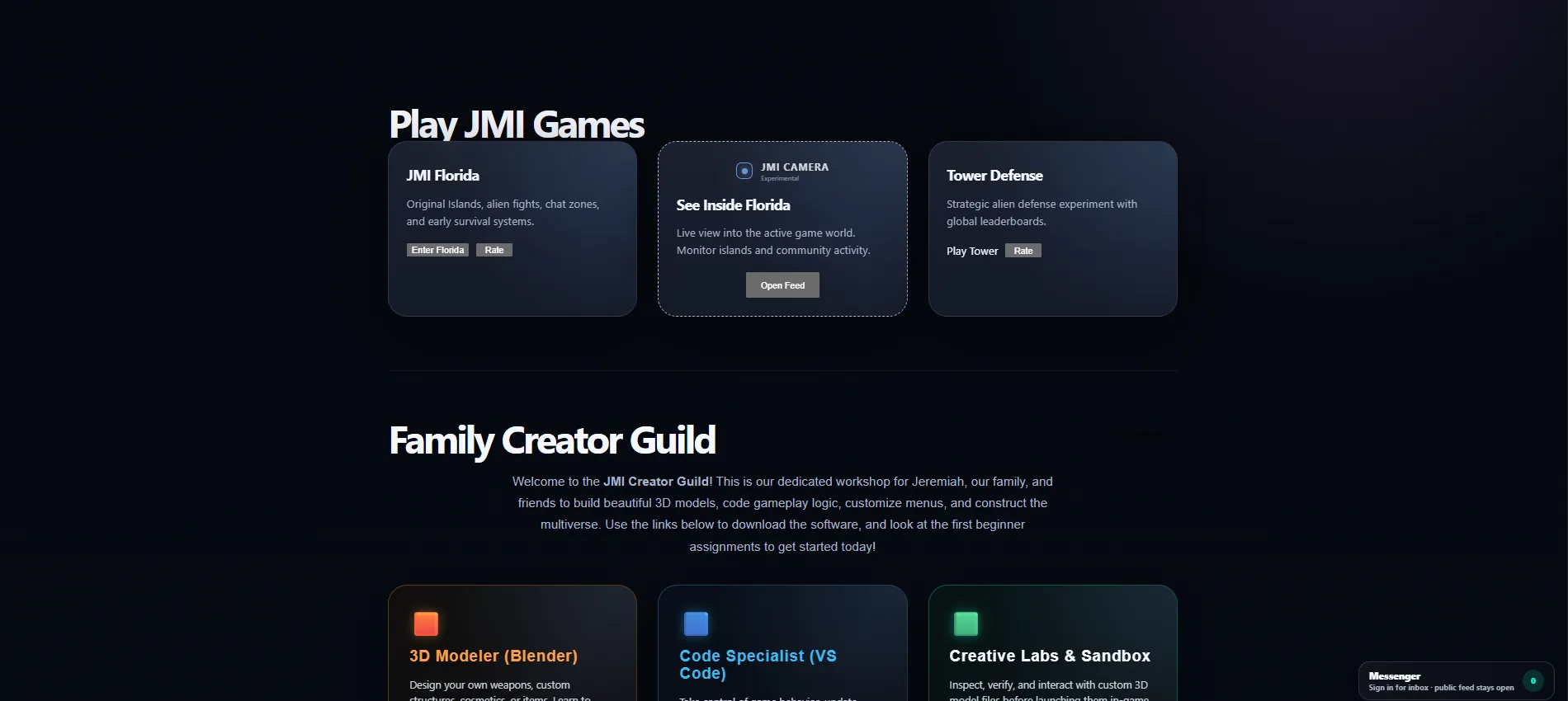 Screenshot of the JMI Games hub website with game cards